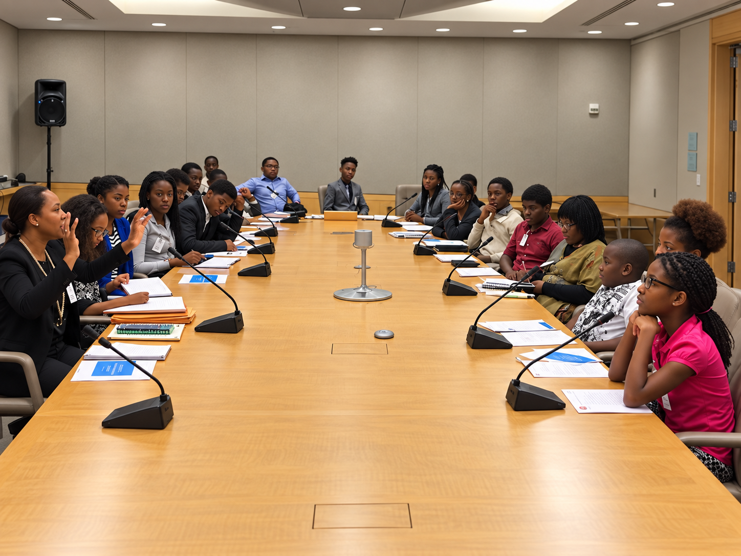Young people collaborate around a table during a leadership activity.